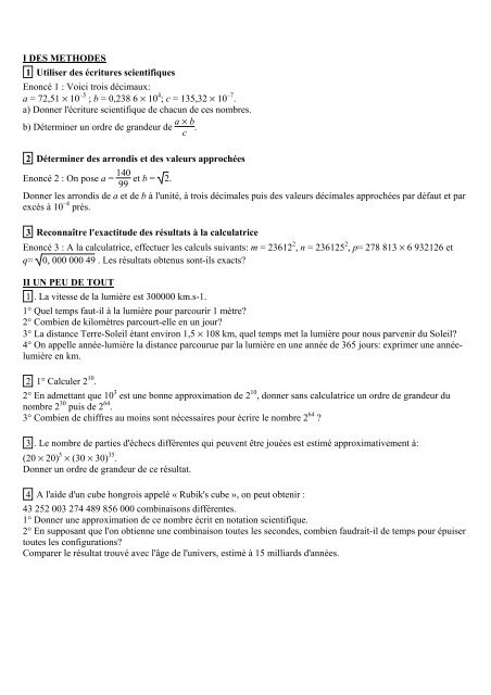 I DES METHODES 1 Utiliser des Ã©critures scientifiques EnoncÃ© 1 ...