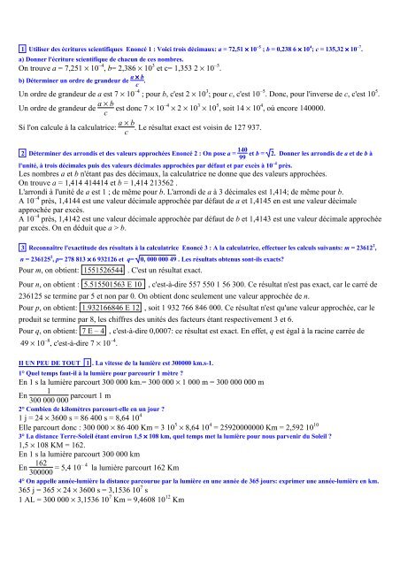 I DES METHODES 1 Utiliser des Ã©critures scientifiques EnoncÃ© 1 ...