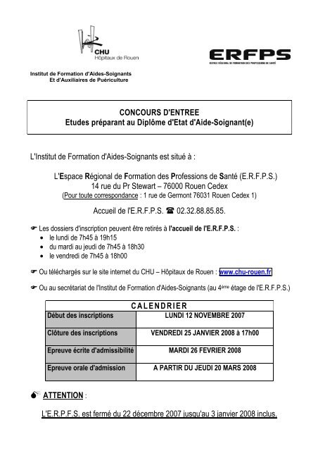 CONCOURS D'ENTREE Etudes prÃ©parant au ... - CHU de Rouen