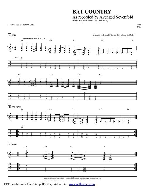 Complete Transcription To &quot;Bat Country&quot; (PDF) - Guitar Alliance