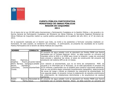 Resultados Cuenta PÃºblica Participativa MOP 2011 Coquimbo