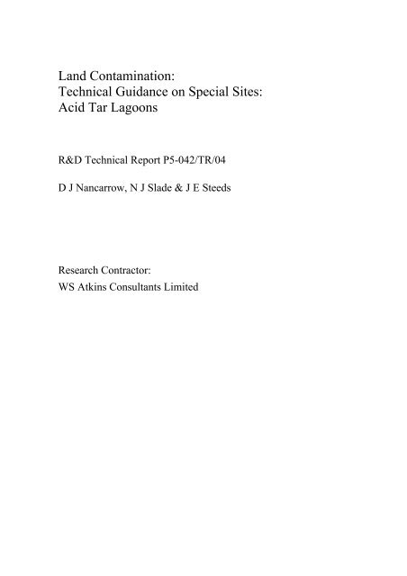 Land Contamination: Technical Guidance on Special Sites: Acid Tar ...