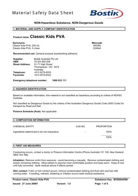 Material Safety Data Sheet Product name: Classic Kids PVA