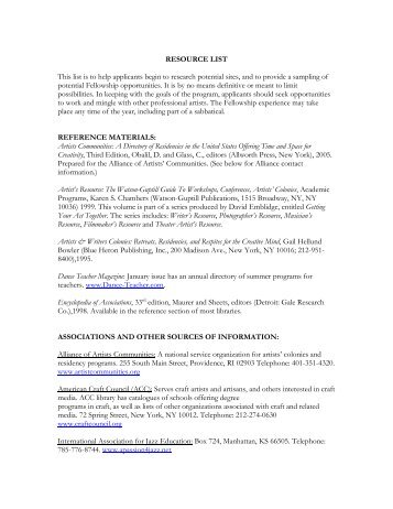 RESOURCE LIST This list is to help applicants begin to research ...