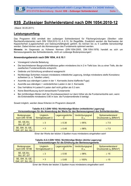 83S Zulässiger Sohlwiderstand nach DIN 1054:2010-12