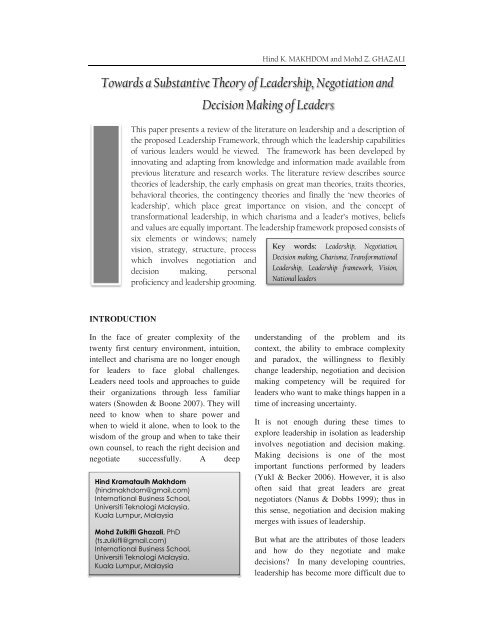 Towards a Substantive Theory of Leadership, Negotiation ... - UTM-IBS