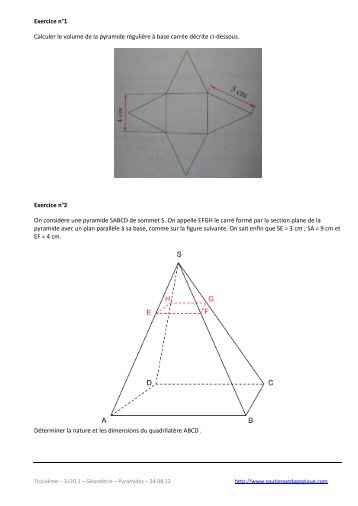 Exercice nÂ°1 Calculer le volume de la pyramide rÃ©guliÃ¨re Ã  base ...