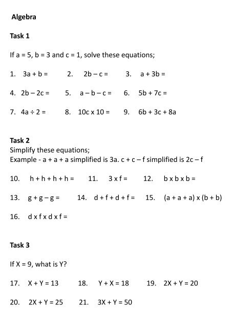 Algebra Worksheet Guide For The 11 Plus