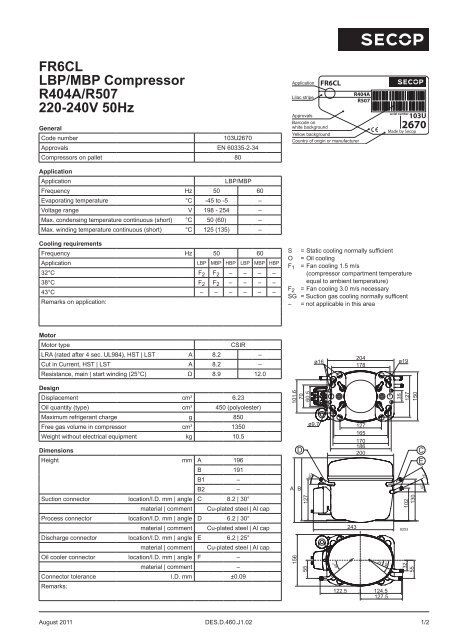 FR6CL LBP/MBP Compressor R404A/R507 220-240V 50Hz - Secop