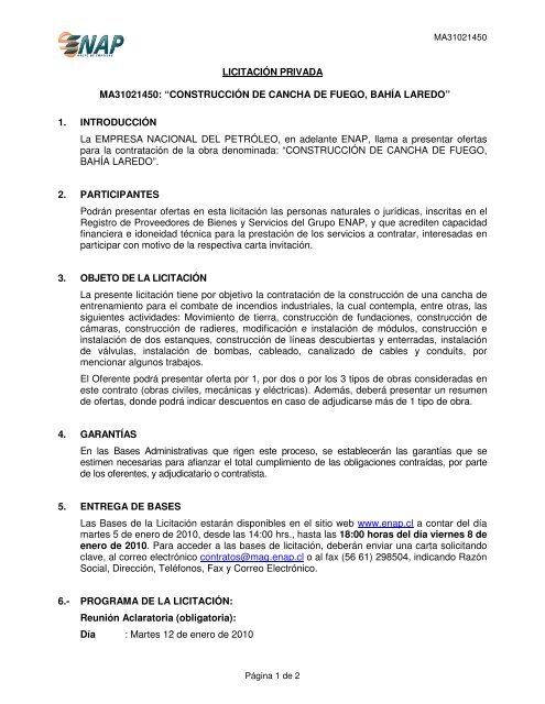 LICITACIÓN PRIVADA MA31021450: “CONSTRUCCIÓN DE ... - Enap