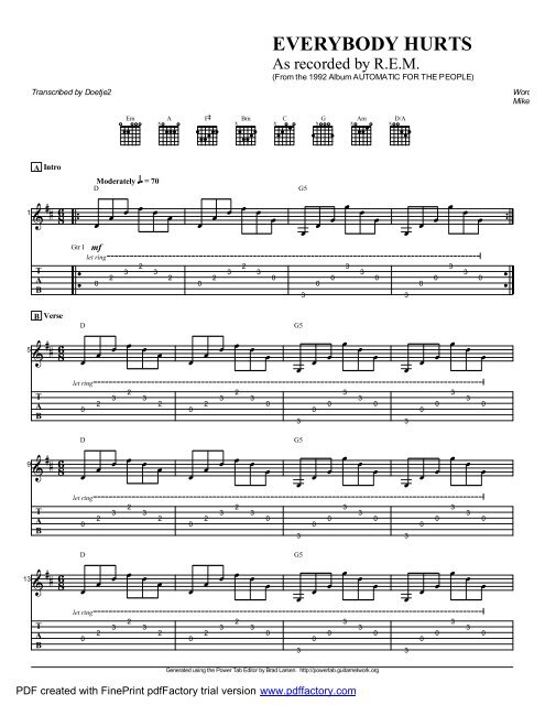 Complete Transcription To &quot;Everybody Hurts&quot; (PDF) - Guitar  Alliance