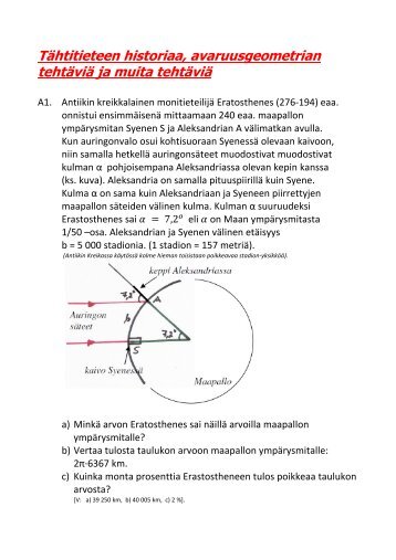 Tähtitieteen historiaa, avaruusgeometrian tehtäviä ja muita tehtäviä