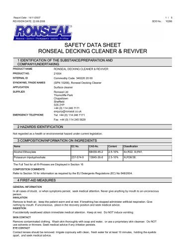 safety data sheet ronseal decking cleaner & reviver - Toolbank