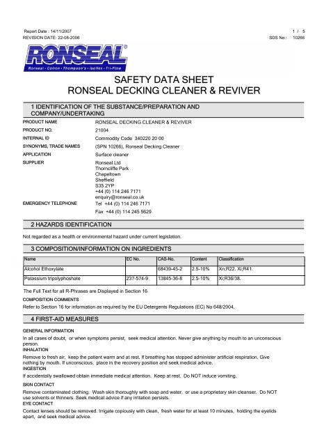 safety data sheet ronseal decking cleaner & reviver - Toolbank