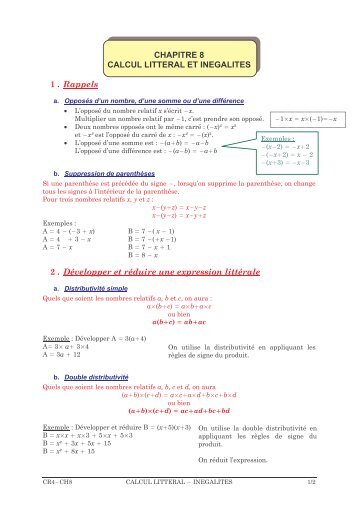 CHAPITRE 8 CALCUL LITTERAL ET INEGALITES 1 . Rappels 2 . D ...