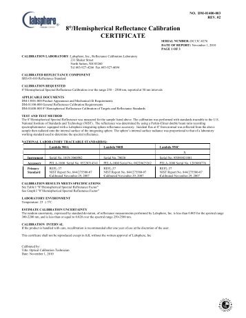 8Â°/Hemispherical Reflectance Calibration CERTIFICATE