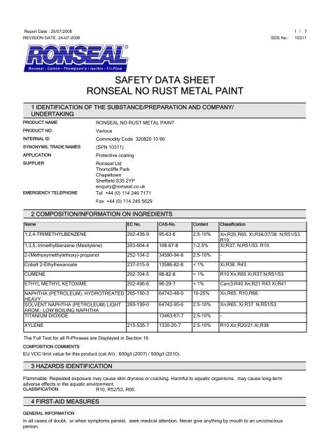 safety data sheet ronseal no rust metal paint - Toolbank