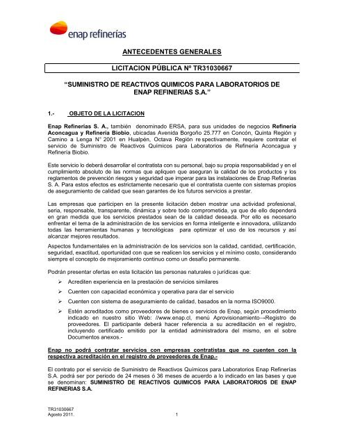 antecedentes generales licitacion pública nº tr31030667 - Enap