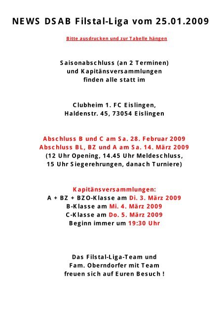 Spielplan Dsab Filstal Liga