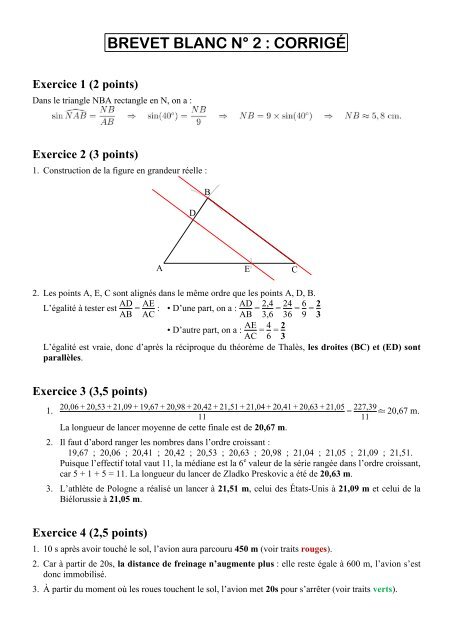 BREVET BLANC NÂ° 2 : CORRIGÃ‰ - CAPES de Maths