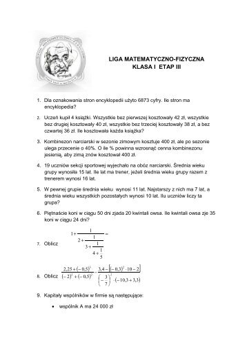 liga matematyczno-fizyczna klasa i etap iii - Gimnazjum Czersk