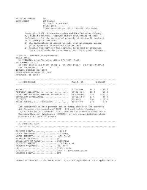 MATERIAL SAFETY 3M DATA SHEET 3M Center St. Paul ...