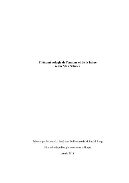 PhÃ©nomÃ©nologie de l'amour et de la haine selon Max Scheler - iFAC