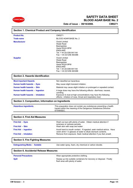 0727 BLOOD AGAR BASE No. 2 (English (GB)) MSDS - OXOID ...