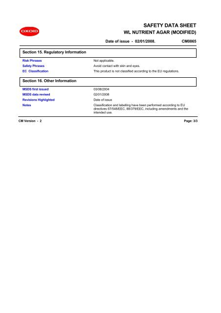 5725 WL NUTRIENT AGAR (MODIFIED) (English  (GB)) MSDS - Oxoid