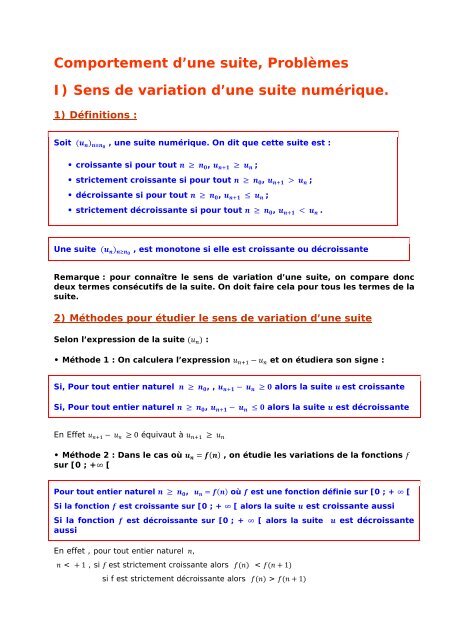 PremiÃ¨re S - Comportement d'une suite, ProblÃ¨mes - Parfenoff . org