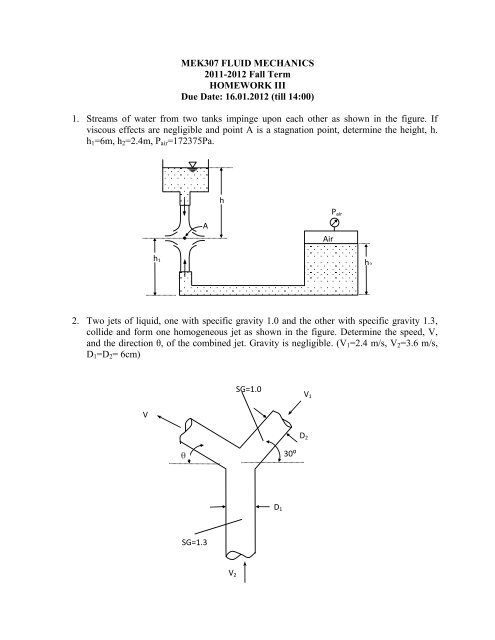 MEK307 FLUID MECHANICS 2011-2012 Fall Term HOMEWORK III ...