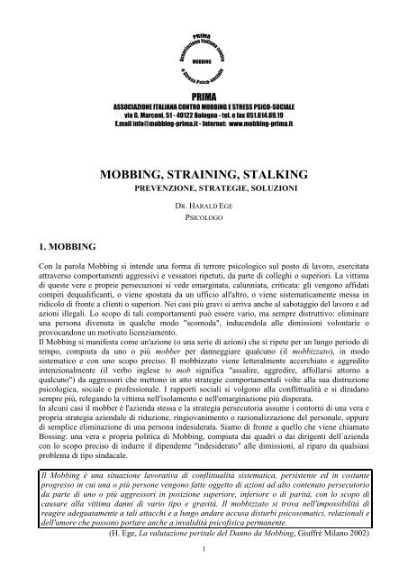 Mobbing, straining, stalking prevenzione, strategie, soluzioni