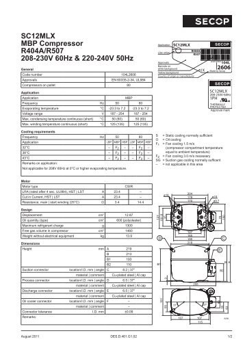 SC12MLX MBP Compressor R404A/R507 208-230V 60Hz ... - Secop