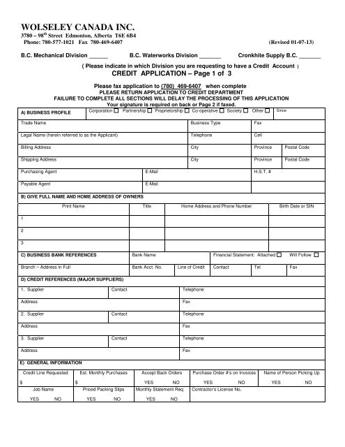 Download & Print the Credit Application Form ... - Wolseley Express