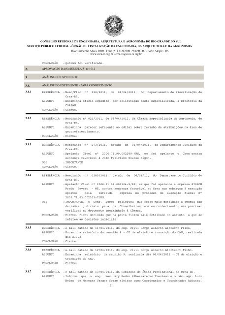 SÃºmula da ReuniÃ£o OrdinÃ¡ria nÂ° 1013, da CÃ¢mara ... - Crea-RS