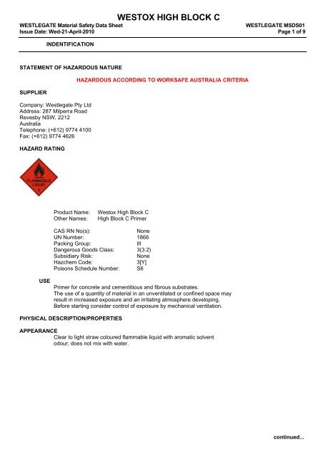 to view and print MSDS - Westox Building Products