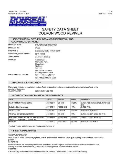 SAFETY DATA SHEET COLRON WOOD REVIVER - Toolbank