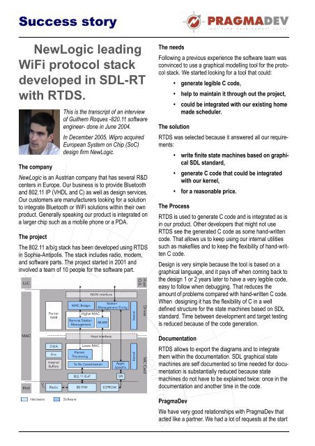 NewLogic leading WiFi protocol stack developed in ... - PragmaDev