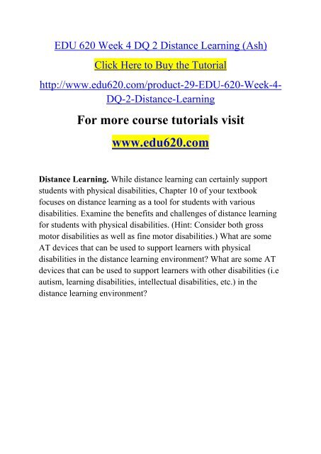 EDU 620 Week 4 DQ 2 Distance Learning (Ash)