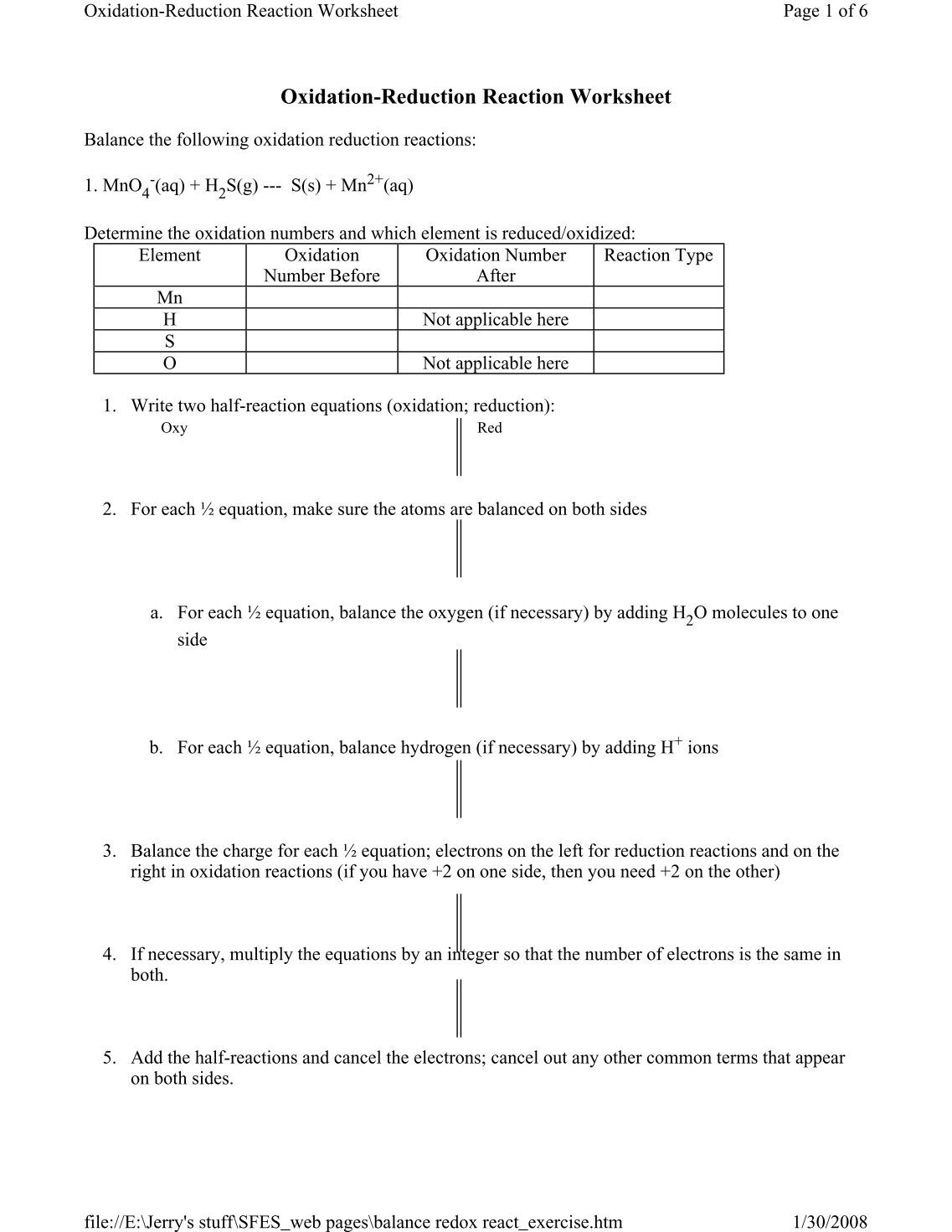 Assigning Oxidation Numbers Worksheet
