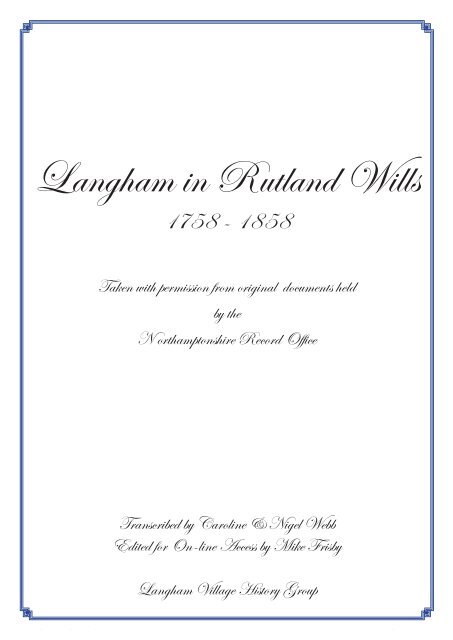 Langham Wills - 1758 - 1850 - Langham Village History Group