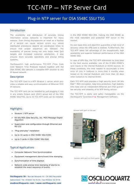 TCC-NTP - NTP Server Card - Oscilloquartz SA