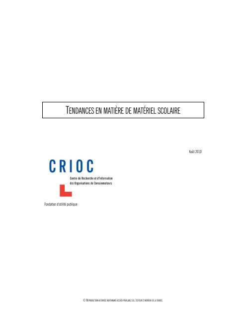 TENDANCES EN MATIÃRE DE MATÃRIEL SCOLAIRE - Crioc