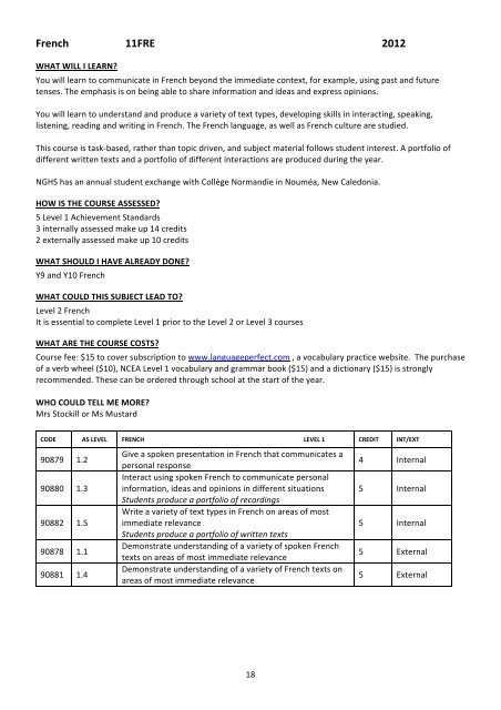 NAPIER GIRLS' HIGH SCHOOL NCEA COURSES 2012