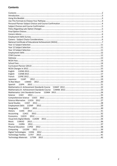 NAPIER GIRLS' HIGH SCHOOL NCEA COURSES 2012