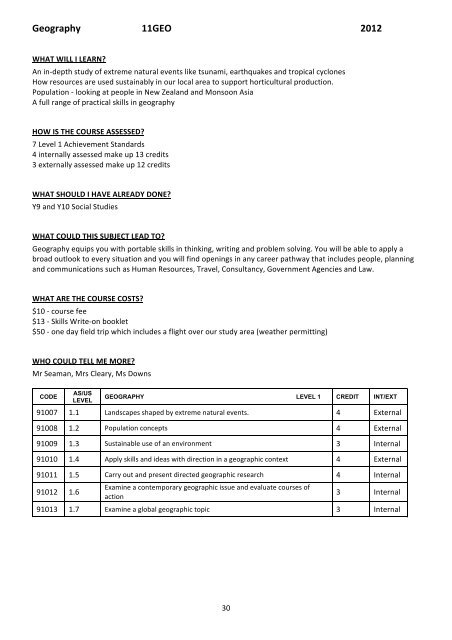 NAPIER GIRLS' HIGH SCHOOL NCEA COURSES 2012