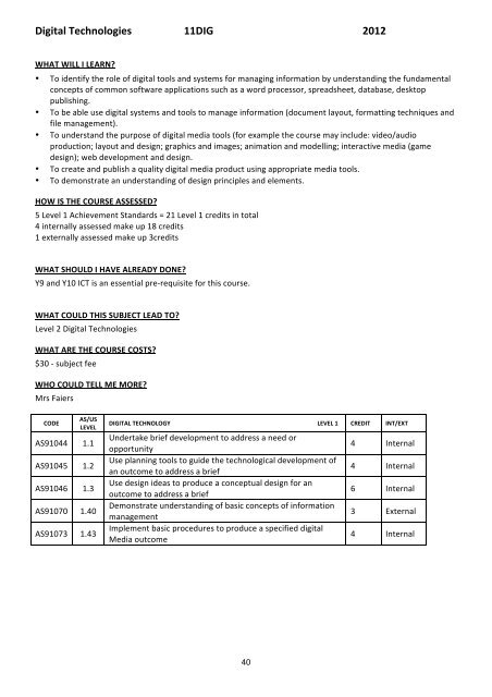 NAPIER GIRLS' HIGH SCHOOL NCEA COURSES 2012