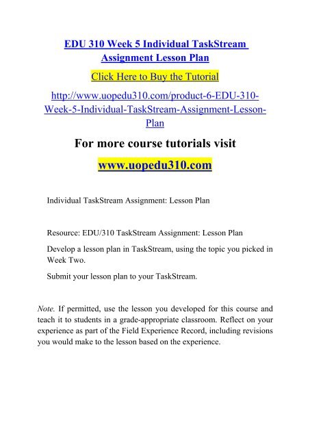 EDU 310 Week 5 Individual TaskStream Assignment Lesson Plan