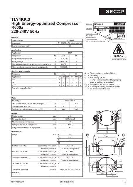 TLY4KK.3 High Energy-optimized Compressor R600a 220 ... - Secop