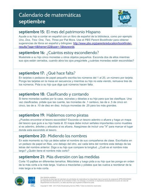 Calendario de matemáticas septiembre - PBS Kids